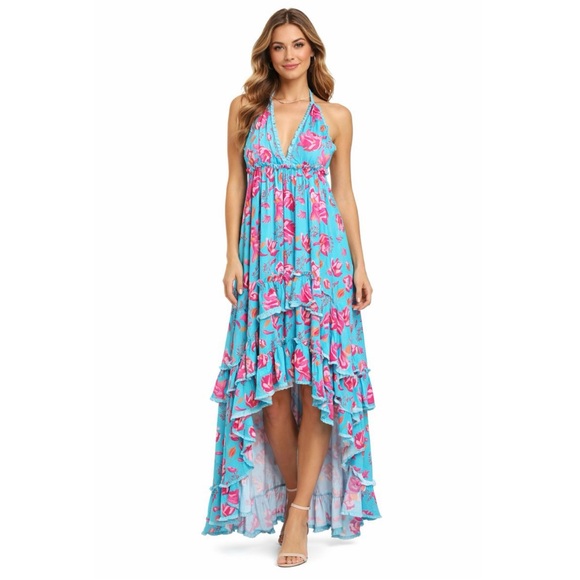 Hazel & Olive Dresses & Skirts - Hazel & Olive Women's Dress Turquoise Floral Halter Deep V Maxi High Low Ruffle